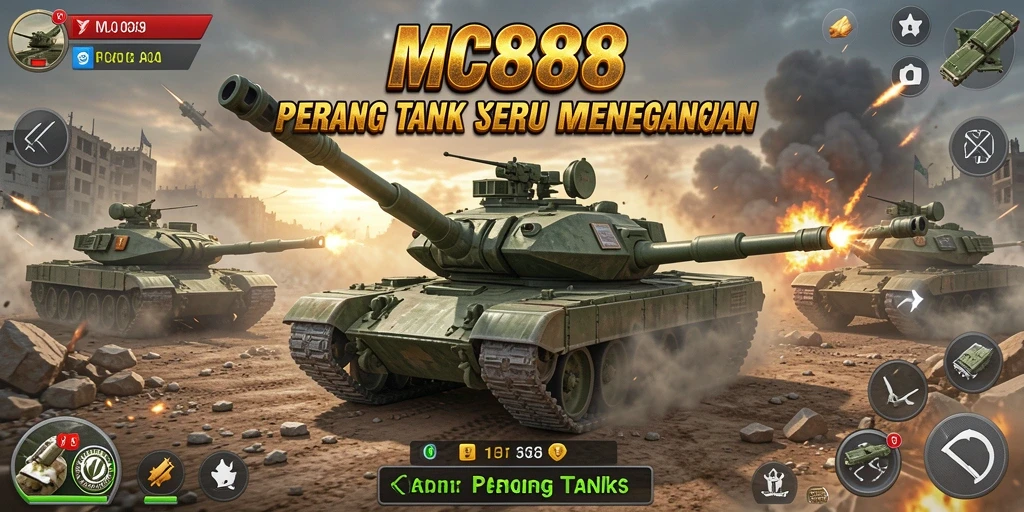Antarmuka permainan <strong>MC888</strong> yang menampilkan pertempuran tank yang mendebarkan.